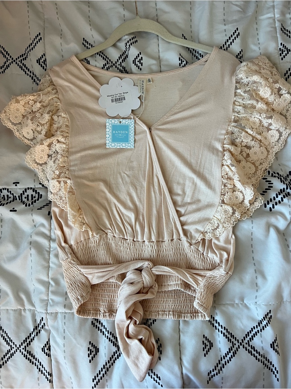 Hayden Cream Lace Flutter-Sleeve Tie-Front Top